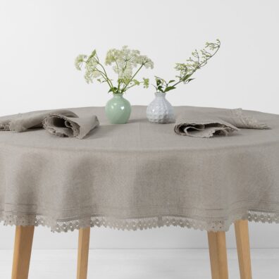 Rund (oval) naturlig grå linduk og servietter