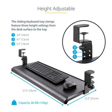 StarTech.com Under-Desk Keyboard Tray, Clamp-on Keyboard Holder, Supports up to 12kg (26.5lb), Sliding Keyboard and Mouse Drawer with C-Clamps, Height Adjustable Keyboard Tray - Black - Ergonomic Keyboard Tray (KEYBOARD-TRAY-CLAMP1) - tangentbordsfack