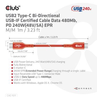 Club 3D - USB typ C-kabel - 24 pin USB-C till 24 pin USB-C - 1 m