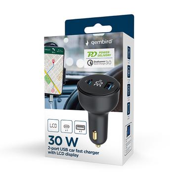 GEMBIRD 2-port USB car fast charger Type-C PD LCD 30 W black