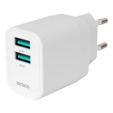 Deltaco USB-vægoplader, 2x USB-A, 12 W per port, maks. samlet output 12 W, hvid