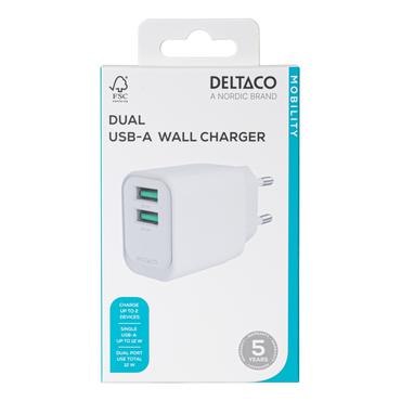 Deltaco USB-vægoplader, 2x USB-A, 12 W per port, maks. samlet output 12 W, hvid