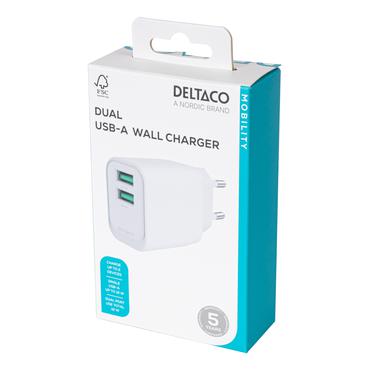 Deltaco USB-vægoplader, 2x USB-A, 12 W per port, maks. samlet output 12 W, hvid