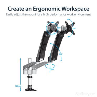 StarTech.com Desk Mount Dual Monitor Arm - Full Motion Articulating Arms - Premium Dual Monitor Stand - For up to 30" (19.8lb/9kg) VESA Mount Monitors - Tool-less Assembly - Steel & Aluminum monteringssats - fullst&auml;ndig r&ouml;relse - f&ouml;r LCD-display - svart, silver