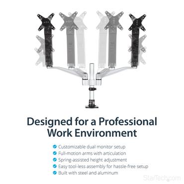 StarTech.com Desk Mount Dual Monitor Arm - Full Motion Articulating Arms - Premium Dual Monitor Stand - For up to 30" (19.8lb/9kg) VESA Mount Monitors - Tool-less Assembly - Steel & Aluminum monteringssats - fullst&auml;ndig r&ouml;relse - f&ouml;r LCD-display - svart, silver