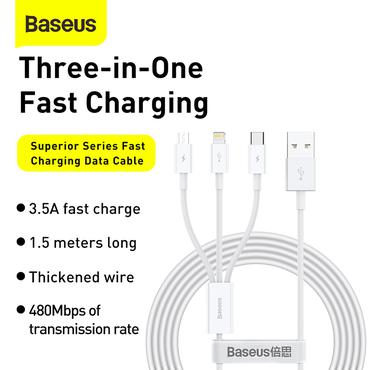 USB-kabel Baseus 3-i-1 Baseus Superior Series, USB till micro USB / USB-C / Lightning, 3.5A, 1.2m (vit)
