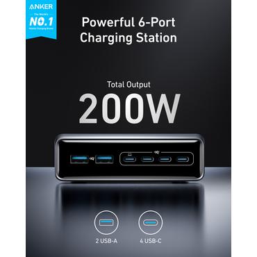 Anker Prime str&ouml;madapter - GaN - 4 x USB-C, 2 x USB - 200 Watt