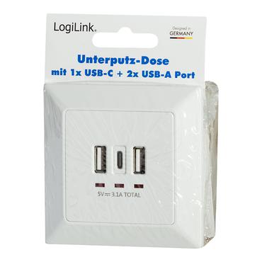 LogiLink PA0254 stikkontakt 2 x USB A + 1 x USB C Hvid