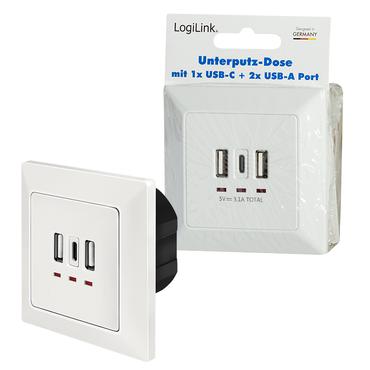 LogiLink PA0254 stikkontakt 2 x USB A + 1 x USB C Hvid