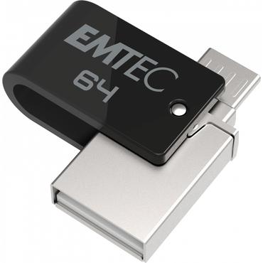 Emtec T260B USB-nøgle 64 GB USB Type-A / Micro-USB 2.0 Sort, Rustfrit stål
