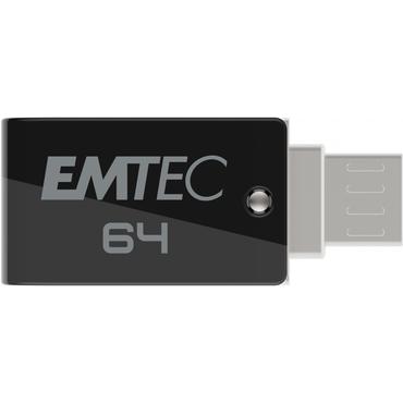 Emtec T260B USB-nøgle 64 GB USB Type-A / Micro-USB 2.0 Sort, Rustfrit stål