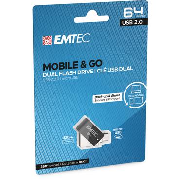 Emtec T260B USB-nøgle 64 GB USB Type-A / Micro-USB 2.0 Sort, Rustfrit stål