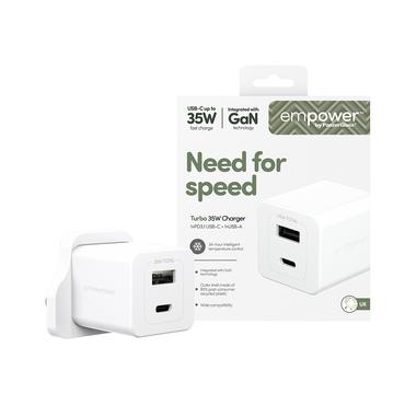 PanzerGlass empower&trade; by &reg; Turbo 35W Oplader inkl. USB-C + USB-A | UK Stik| Silver White