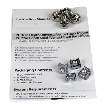 StarTech.com 1U Server Rack Shelf, 2U 22in Universal Fixed Vented Network Rack Shelf/Cantilever Tray for 19" AV/Data/Network Equipment Enclosure w/Cage Nuts & Screws, 50lbs Weight Cap. - 2U Network Rack Shelf (CABSHELF22V) - rackhylde - 2U