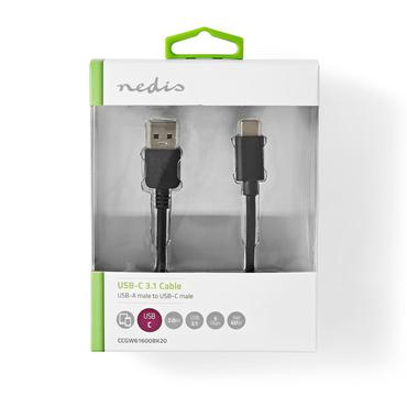 USB-Kabel / USB 3.2 Gen 1 / USB-A Male / USB-C Male / 5 Gbps / Vernikkeld / 2.00 m / Rond / PVC / Zwart / Doos
