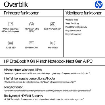 HP EliteBook X G1i Notebook Next Gen AI Bærbar PC - Intel Core Ultra 7 (Serie 2) 258V / 2.2 GHz - 32 GB - 512 GB SSD PCIe - NVM Express (NVMe) - 14" IPS