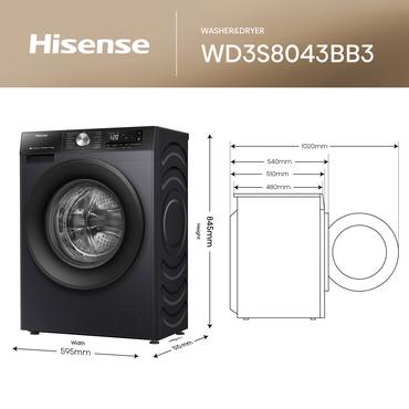 Hisense WD3S8043BB3 vaskemaskine - tørretumbler Fritstående Front-læsning Sort D