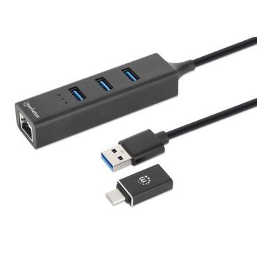 MANHATTAN 3-Port USB 3.0 Typ-C/A Kombo-Hub + Netzwerkadapter