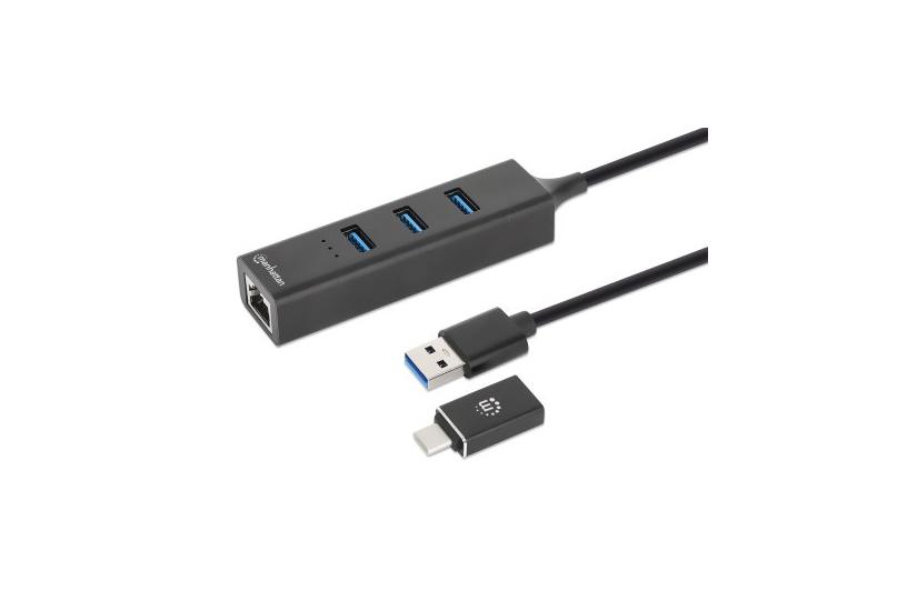 MANHATTAN 3-Port USB 3.0 Typ-C/A Kombo-Hub + Netzwerkadapter