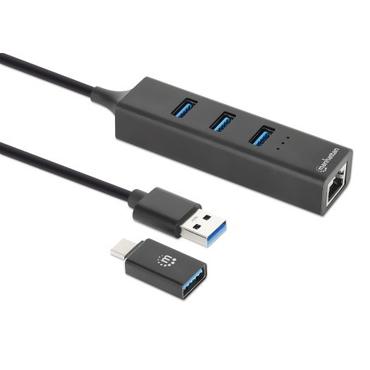 MANHATTAN 3-Port USB 3.0 Typ-C/A Kombo-Hub + Netzwerkadapter