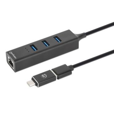 MANHATTAN 3-Port USB 3.0 Typ-C/A Kombo-Hub + Netzwerkadapter