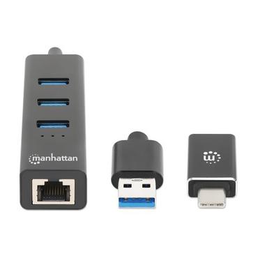 MANHATTAN 3-Port USB 3.0 Typ-C/A Kombo-Hub + Netzwerkadapter