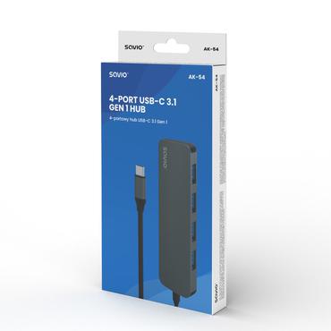 Savio Hub USB-C - 4 x USB-A AK-54 USB 3.2 Gen 1 (3.1 Gen 1) Type-A 1000 Mbit/s Sort