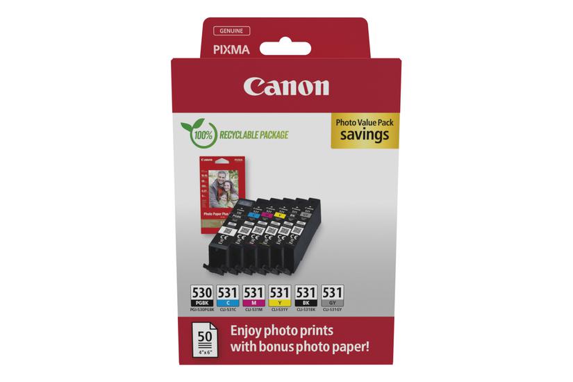 Canon PGI-530 / CLI-531 Fotopaket med svart, cyan, magenta, gul, svart och gr&aring;bl&auml;ck.