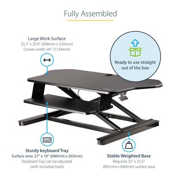 StarTech.com Corner Sit Stand Desk Converter with Keyboard Tray, Large Surface 35" x 21", Height Adjustable Ergonomic Desktop/Tabletop Standing Workstation, Supports Dual Monitors - Corner Stand Up Desk Converter (ARMSTSCORNR) - stående skrivebordsomformer - rektangulær - sort
