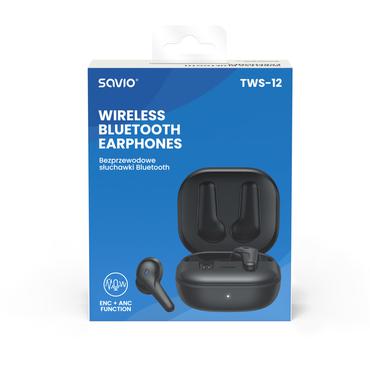 Savio TWS-12 hovedtelefoner/headset True Wireless Stereo (TWS) I ørerne Opkald/musik USB Type-C Bluetooth Sort
