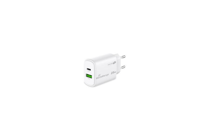 MediaRange Ladegerät 25W 2-Port 1x USB-A/1x USB-C GaN, weiß