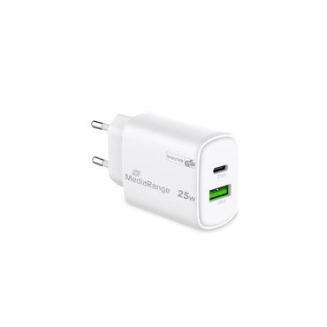 MediaRange Ladegerät 25W 2-Port 1x USB-A/1x USB-C GaN, weiß