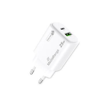 MediaRange Ladegerät 25W 2-Port 1x USB-A/1x USB-C GaN, weiß