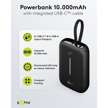 Power Bank 10,000 mAh with Built-In USB-C™ Cable, black