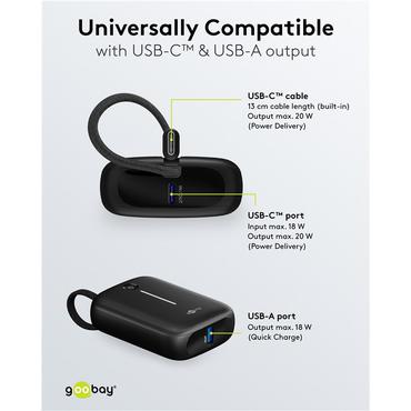 Power Bank 10,000 mAh with Built-In USB-C™ Cable, black