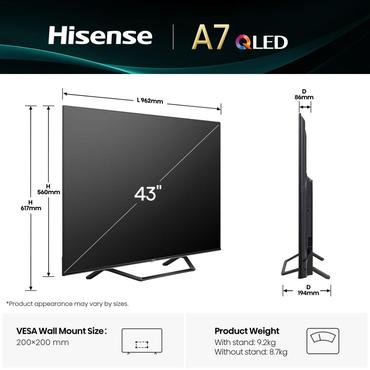 Hisense 43A7Q 109,2 cm (43) 4K Ultra HD Smart TV Wi-Fi Sort 275 cd/m²