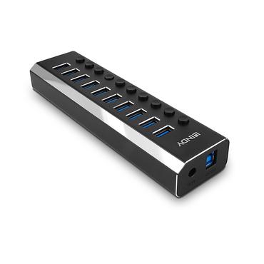 Lindy 10 Port USB 3.0 Hub mit Ein-/Ausschaltern Schlie&szlig;en sie bis zu 10 USB-Ger&auml;te an - jeder Port ist einzeln schaltbar. (43370)