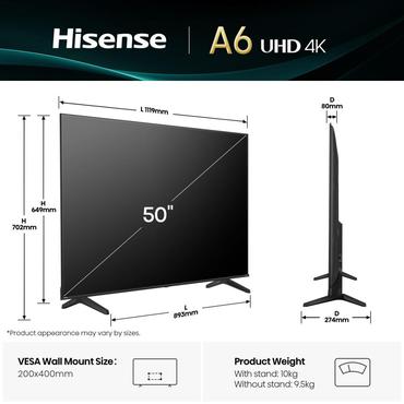 Hisense 50A6Q TV 127 cm (50") 4K Ultra HD Smart TV Wi-Fi Sort 200 cd/m²