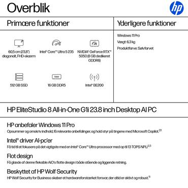 HP EliteStudio 8 AiO G1i U523516GB/512PC Intel Core Ultra 5 235 60,5 cm (23.8") 1920 x 1080 pixel All-in-One PC 16 GB DDR5-SDRAM 512 GB SSD Windows 11 Pro Wi-Fi 7 (802.11be) AI PC S&oslash;lv