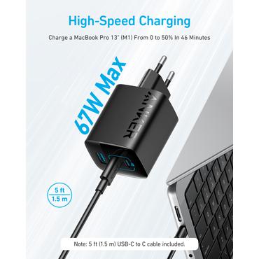Anker 336 Charger (67W) Mobil computer, Mobiltelefon, Laptop, Strømbank, Smartphone, SmartWatch, Tablet, Ur, Wearables Sort USB Hurtig opladning Indendørs