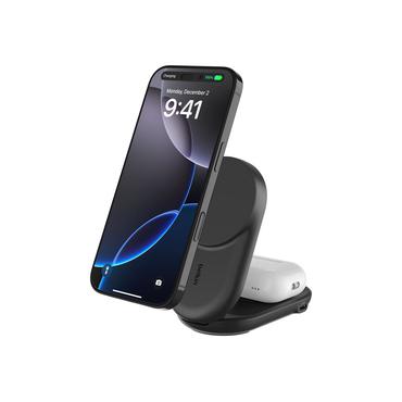 Belkin UltraCharge tr&aring;dl&oslash;s opladningsstander - 2-i-1, Qi2, magnetisk, foldbar - + AC-str&oslash;madapter - 24 pin USB-C - 25 Watt