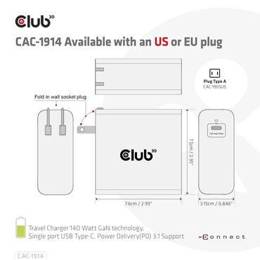 Club 3D CAC-1914 strømforsyningsadapter - GaN-teknologi, enkelt port - 24 pin USB-C - 140 Watt