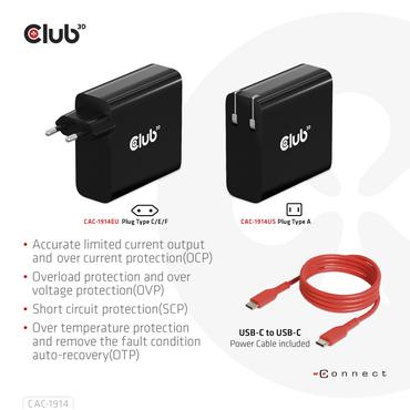 Club 3D CAC-1914 strømforsyningsadapter - GaN-teknologi, enkelt port - 24 pin USB-C - 140 Watt