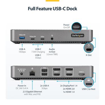 StarTech.com USB-C Triple Monitor Docking Station - HDMI/DP Triple 4k USB-C Dock - 5x USB Hub - GbE - 100W PD - Universal Multi Monitor Docking Station - Thunderbolt 3/4 Compatible (116E-USBC-DOCK) - dockingstation - USB-C - 1GbE