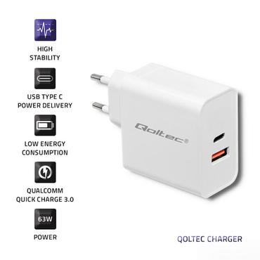 Qoltec Mains charger strømforsyningsadapter - USB, 24 pin USB-C - 63 Watt