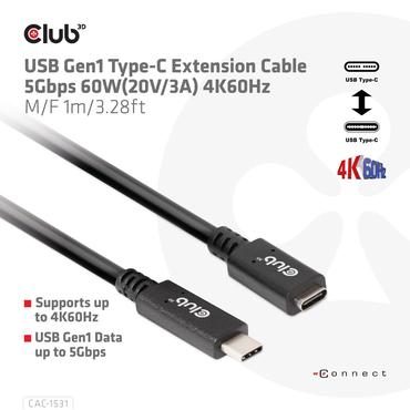Club 3D CAC-1531 - USB typ C-f&ouml;rl&auml;ngningskabel - 24 pin USB-C till 24 pin USB-C - 1 m