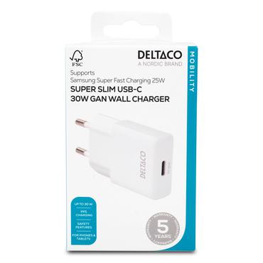 Deltaco USB-C vægoplader, 1x USB-C PD 30 W, slank størrelse, understøtter PPS