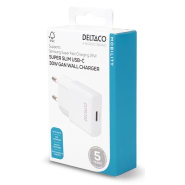 Deltaco USB-C vægoplader, 1x USB-C PD 30 W, slank størrelse, understøtter PPS