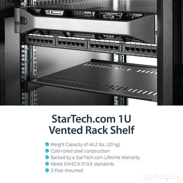 StarTech.com 1U Vented Server Rack Cabinet Shelf, 16in Deep Fixed Cantilever Tray, Rackmount Shelf for 19" AV/Data/Network Equipment Enclosure w/ Cage Nuts & Screws, 44lbs Weight Capacity - 1U Network Rack Shelf (CABSHELF116V) - rackhylde - 1U