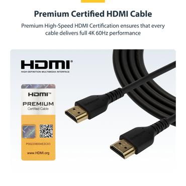 StarTech.com Premiumcertifierad HDMI 2.0-kabel p&aring; 2 m med Ethernet - H&aring;llbar h&ouml;ghastighets UHD 4K 60&nbsp;Hz HDR - Robust M/M HDMI-kabel med Aramidfiber - TPE - Ultra HD-sk&auml;rmar, TV-apparater och sk&auml;rmar - HDMI-kabel med Ethernet - 2 m